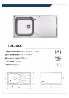 Liquida EUL10SS 1.0 Bowl Reversible Stainless Steel Kitchen Sink With Waste