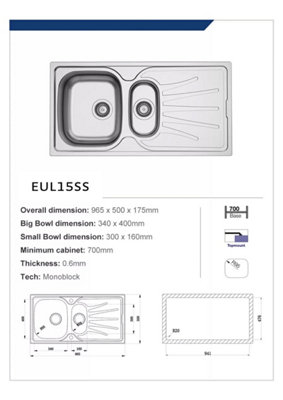 Liquida EUL15SS 1.5 Bowl Reversible Stainless Steel Kitchen Sink With Waste