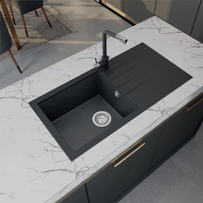 Liquida GRN100BL 1.0 Bowl Black Granite Reversible Kitchen Sink With Waste