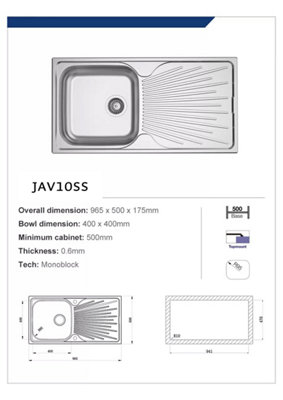 Liquida JAV10SS 1.0 Bowl Reversible Stainless Steel Kitchen Sink With Waste