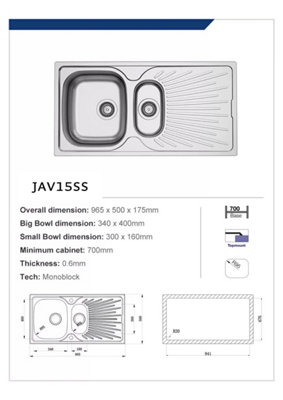 Liquida JAV15SS 1.5 Bowl Reversible Stainless Steel Kitchen Sink With Waste