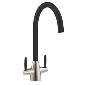 Liquida LB01BL Swan Neck Twin Lever Brushed Steel and Black Kitchen Tap