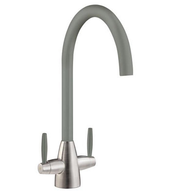 Liquida LB01GR Swan Neck Twin Lever Brushed Steel and Grey Kitchen Tap