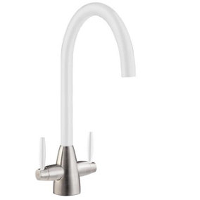 Liquida LB01WH Swan Neck Twin Lever Brushed Steel and White Kitchen Tap