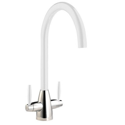 Liquida LC02WH Swan Neck Twin Lever Chrome and White Kitchen Mixer Tap