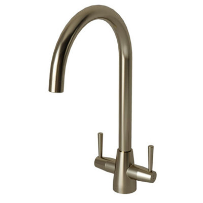 Liquida LU405BS Monobloc Swan Neck Twin Lever Brushed Steel Kitchen Mixer Tap