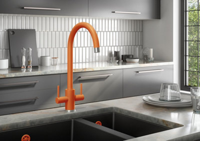 Liquida PR70OC Twin Lever Swivel Spout Orange and Chrome Kitchen Mixer Tap