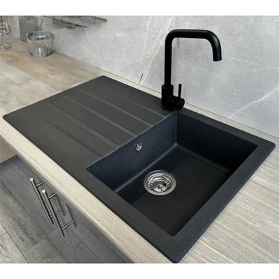 Liquida VLC860BL 1.0 Bowl Reversible Black Granite Kitchen Sink With Waste Kit