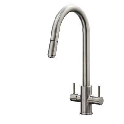 Liquida W04BN Swan Neck Twin Lever Pull Out Spray Brushed Nickel Kitchen Tap