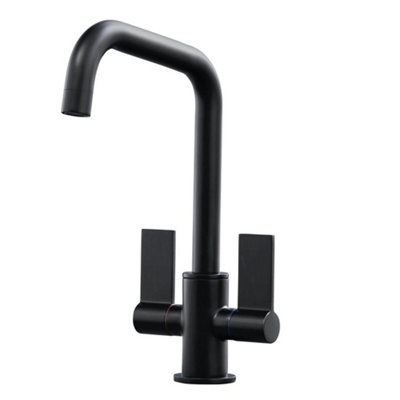 Liquida W18BL Twin Lever D Shape 360 Swivel Spout Black Kitchen Mixer Tap