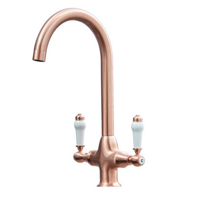 Liquida W22CP Traditional Swivel Spout Twin Lever Copper Kitchen Mixer Tap