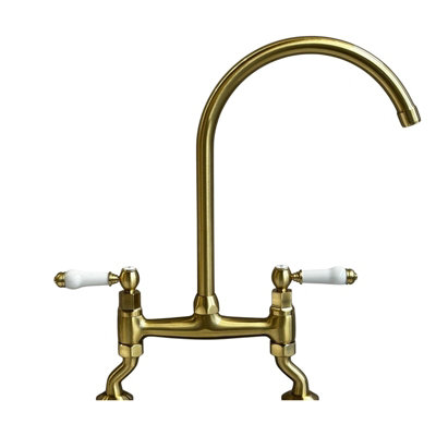 Liquida W23BG Traditional Two Hole Bridge Lever Brushed Gold Kitchen Mixer Tap