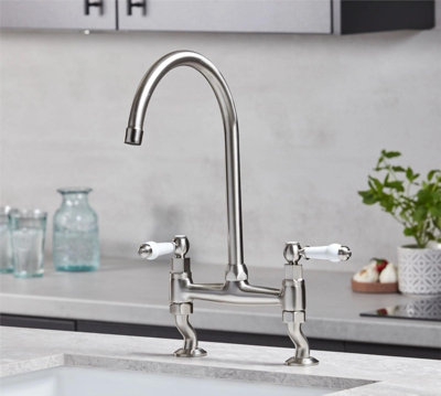 Liquida W23BN Brushed Nickel Traditional Two Hole Bridge Lever Kitchen Tap