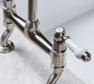 Liquida W23BN Brushed Nickel Traditional Two Hole Bridge Lever Kitchen Tap