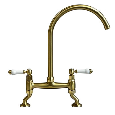 Liquida W23BR Traditional Two Hole Bridge Lever Brushed Brass Kitchen Mixer Tap