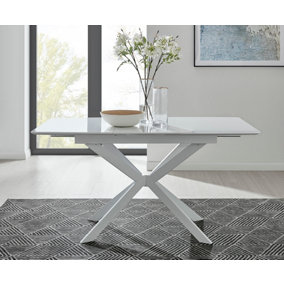 Lira Modern Rectangular White High Gloss Extending Dining Table 100cm 4 or 6 Seater with White Metal Starburst Legs