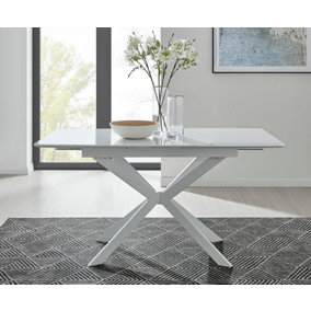 Lira Modern Rectangular White High Gloss Extending Dining Table 120cm 4 or 6 Seater with White Metal Starburst Legs