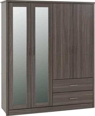 Lisbon 4 Door Mirrored Wardrobe in Black Wood Grain Finish