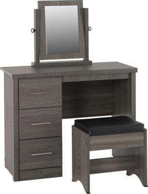 Lisbon Black Wood Grain 3 Drawer Dressing Table Set Mirror Stool