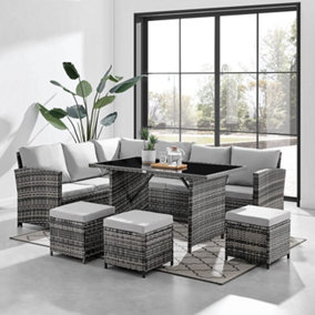 Lisbon Grey 9 Seater Rattan Corner Sofa Dining Set with Light Grey Cushions & 3 Stools. FREE RAIN COVER