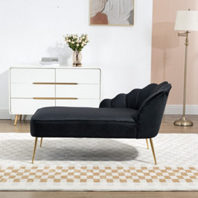 Lissone 130cm Wide Black Velvet Fabric Shell Back Chaise Lounge Sofa with Golden Coloured Legs