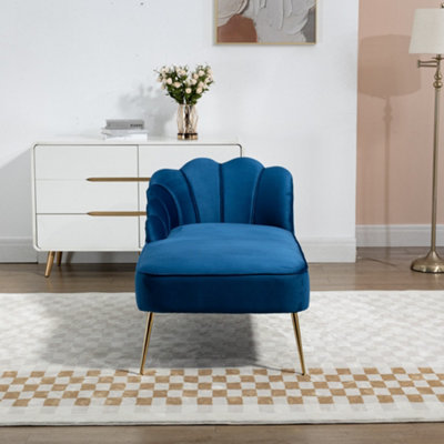 Lissone 130cm Wide Blue Velvet Fabric Shell Back Chaise Lounge Sofa with Golden Coloured Legs