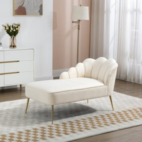 Lissone 130cm Wide Cream Velvet Fabric Shell Back Chaise Lounge Sofa with Golden Coloured Legs