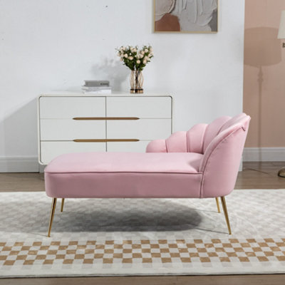 Lissone 130cm Wide Pink Velvet Fabric Shell Back Chaise Lounge Sofa with Golden Coloured Legs