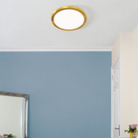 Litecraft Darly Satin Brass 1 Lamp Modern Bathroom 24W LED Flush Ceiling Light
