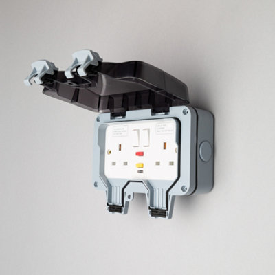 Litecraft IP66 Grey Outdoor Twin Plug Socket Box with RCD Switch