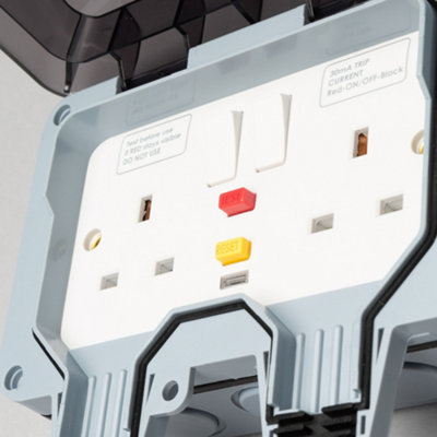 Litecraft IP66 Grey Outdoor Twin Plug Socket Box with RCD Switch