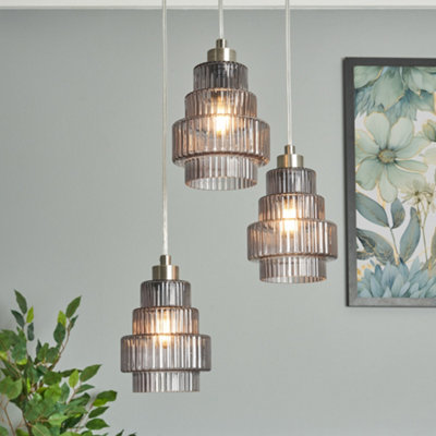Litecraft Louisa 3 Light Ceiling Cluster Pendant with Smoke Glass Shades - Satin Nickel