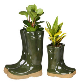Little and Large Dark Green Wellington Outdoor Boot Ceramic Flower Pot Garden Planter Pot Gift for Gardeners