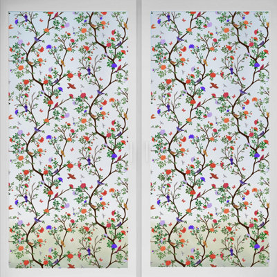 Little Birds Among The Flowers Window Privacy Film for Glass Windows - Self-Adhesive Static Cling, No Glue, Anti-UV Window Film