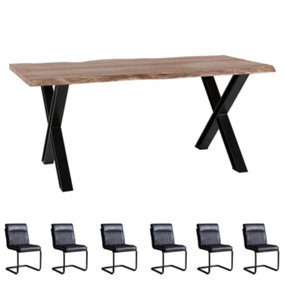 Live Edge Acacia Wooden And Metal Large Dining Table Set And 6 Chairs