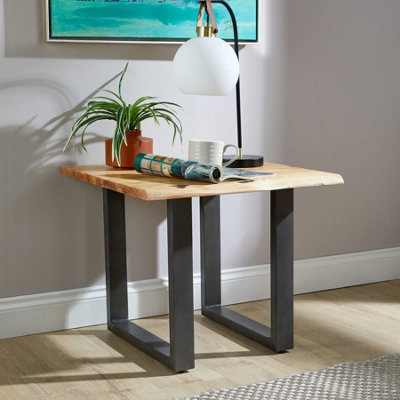 Live Edge Lamp Side Occasional Table Solid 26mm Acacia Top Black Metal Legs