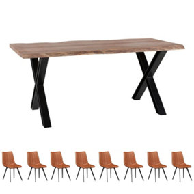 Live Edge Large Acacia Wood And Metal Dining Table Set And  8 Chairs