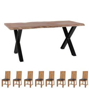 Live Edge Large Acacia Wood And Metal Dining Table Set And 8 Chairs
