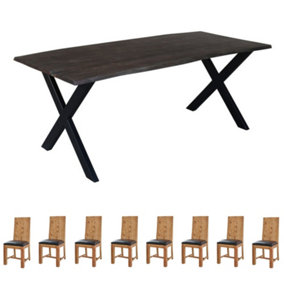 Live Edge Large Acacia Wood And Metal Dining Table Set Grey With 8 Chairs