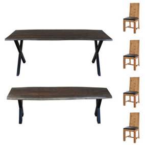 Live Edge Large Acacia Wood Dining Table Set Grey With 4 Chairs And 1 Bench