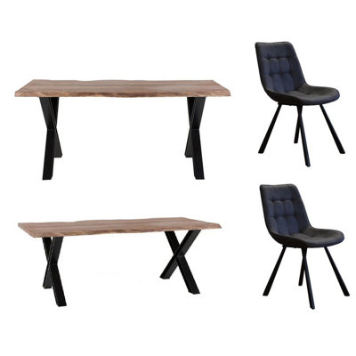 Live Edge Large Acacia Wooden Dining Table Set With 2 Chairs And 1