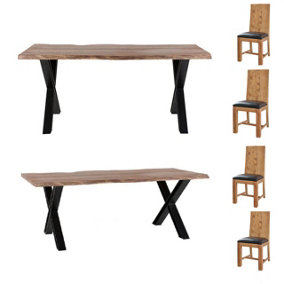 Live Edge Large Acacia Wooden Dining Table Set With 4 Chairs And 1 Bench