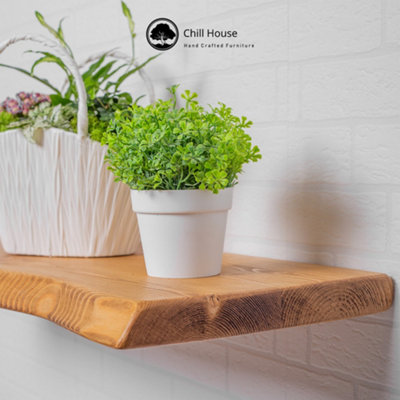 Live Edge Rustic Floating Shelf made from Solid Wood, Chunky Old Slab Dark Oak 12x1.5 - Teak 70 cm