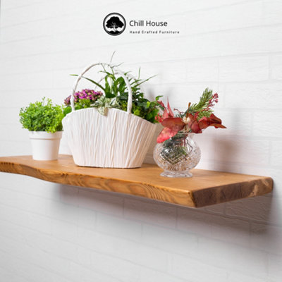 Live Edge Rustic Floating Shelf made from Solid Wood, Chunky Old Slab Dark Oak 12x1.5 - Teak 70 cm
