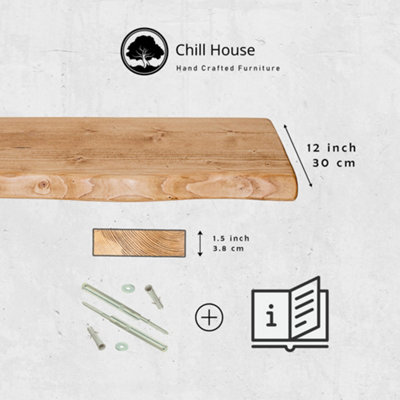Live Edge Rustic Floating Shelf made from Solid Wood, Chunky Old Slab Dark Oak 12x1.5 - Teak 70 cm