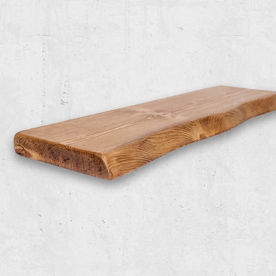 Live Edge Rustic Floating Shelf made from Solid Wood, Chunky Old Slab Dark Oak 9x2 - Walnut 140 cm