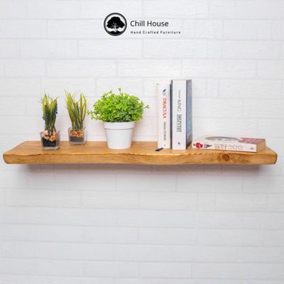 Live Edge Rustic Floating Shelf made from Solid Wood, Chunky Old Slab Dark Oak 9x2 - Walnut 140 cm