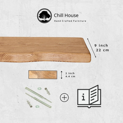 Live Edge Rustic Floating Shelf made from Solid Wood, Chunky Old Slab Dark Oak 9x2 - Walnut 140 cm