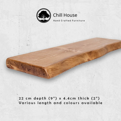 Live Edge Rustic Floating Shelf made from Solid Wood, Chunky Old Slab Dark Oak 9x2 - Walnut 140 cm
