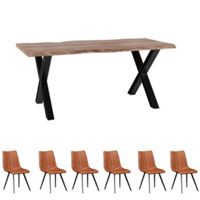 Live Edge Wood And Metal Large Dining Table Set And 6 Chairs